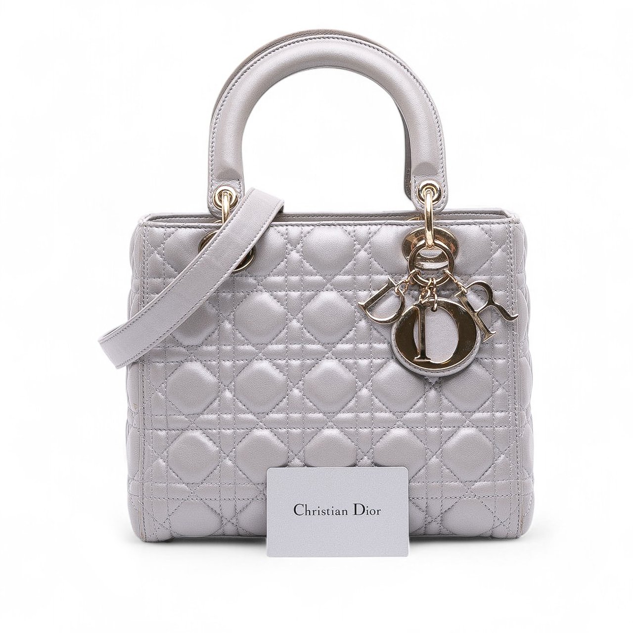 Dior Medium Pearlescent Lambskin Cannage Lady Dior Grijs