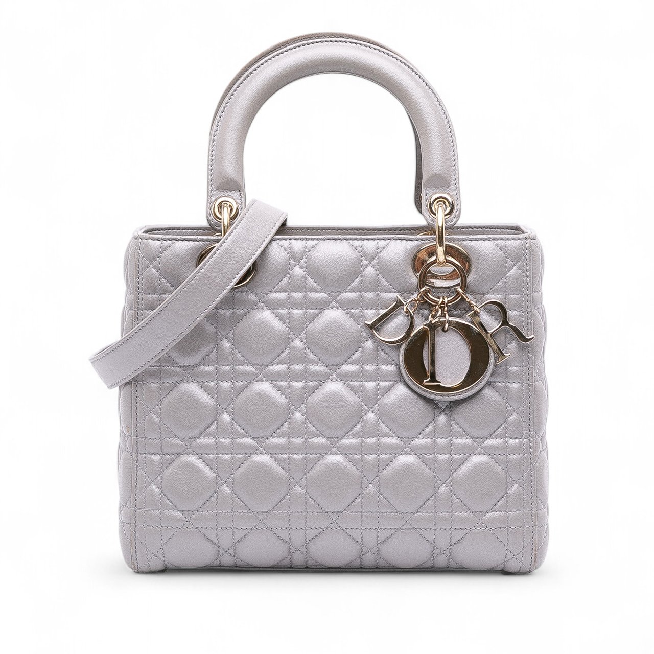 Dior Medium Pearlescent Lambskin Cannage Lady Dior Grijs