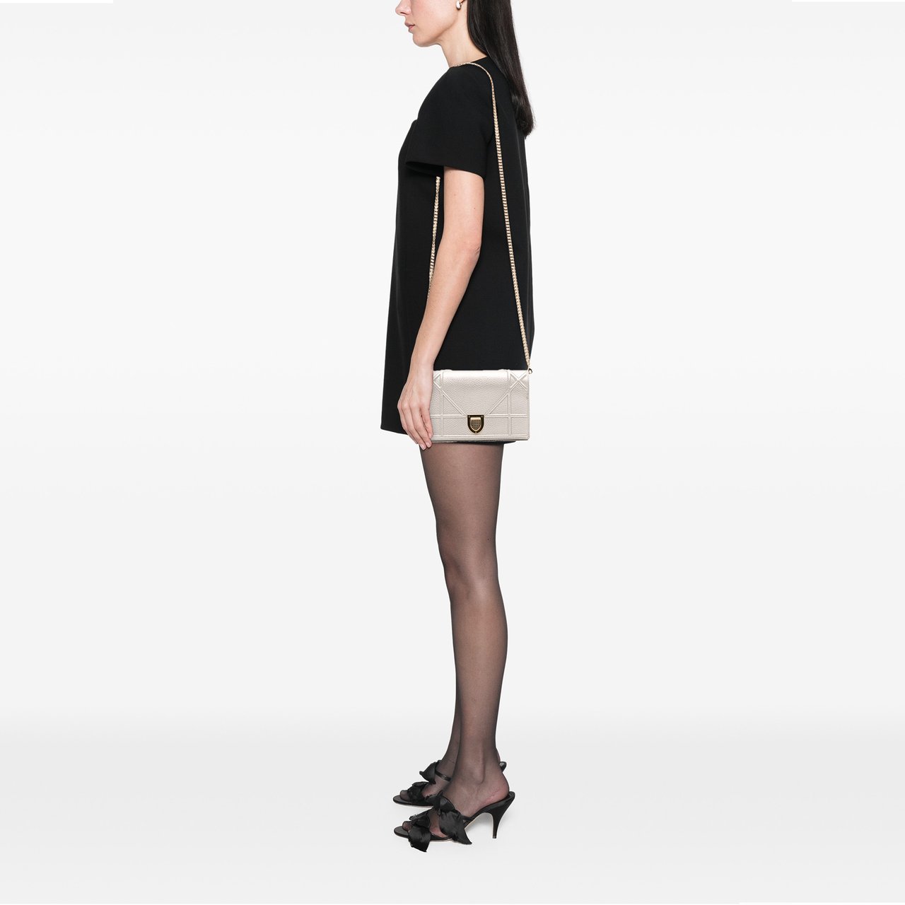 Dior Metallic Grained Calfskin Diorama Wallet On Chain Zilver