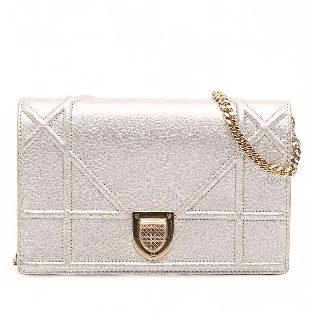 Dior Metallic Grained Calfskin Diorama Wallet On Chain Zilver