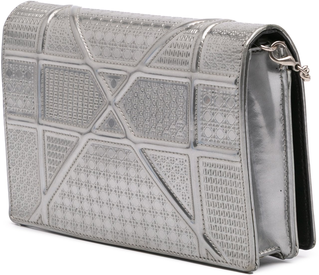 Dior Metallic Patent Microcannage Diorama Wallet on Chain Zilver