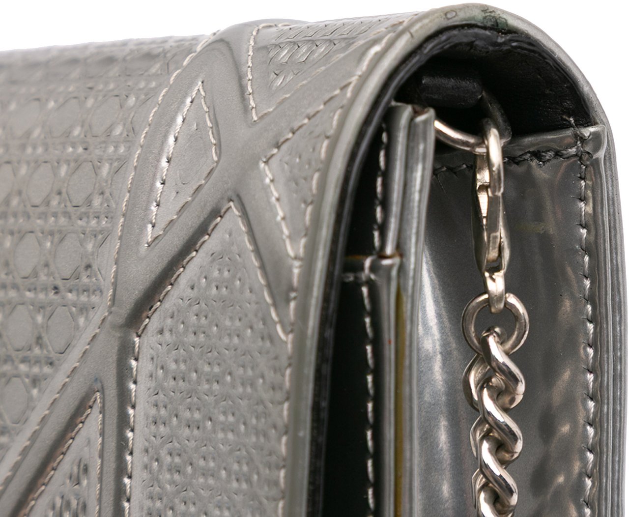 Dior Metallic Patent Microcannage Diorama Wallet on Chain Zilver