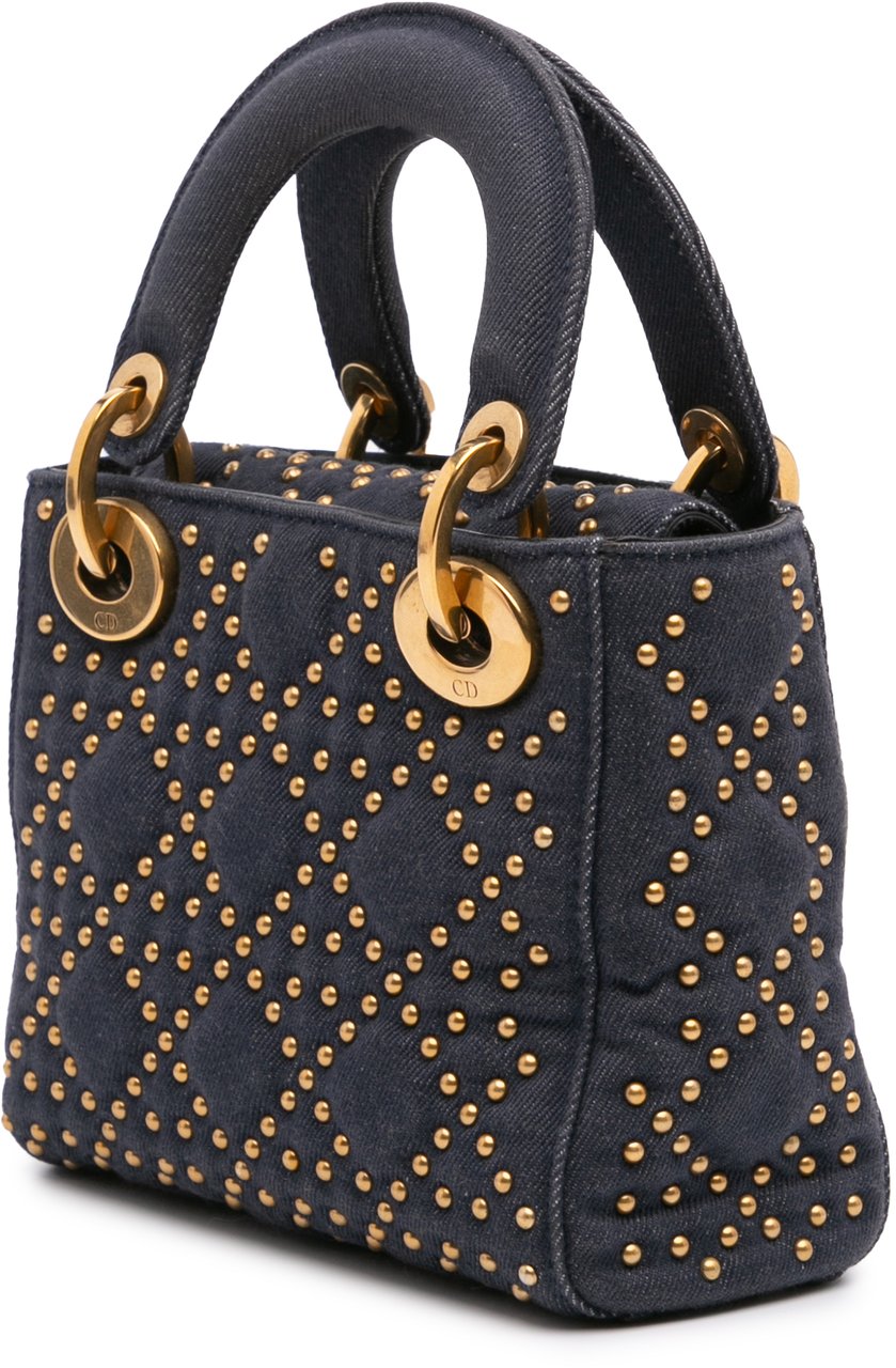 Dior Mini Denim Cannage Studded Supple Lady Dior Blauw