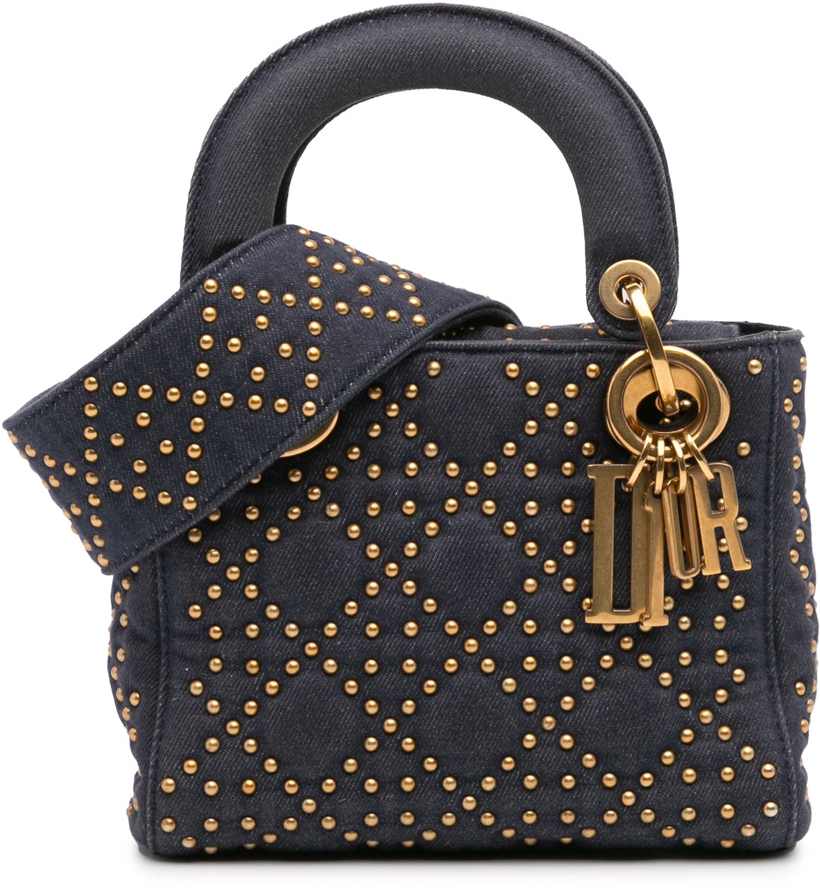 Dior Mini Denim Cannage Studded Supple Lady Dior Blauw
