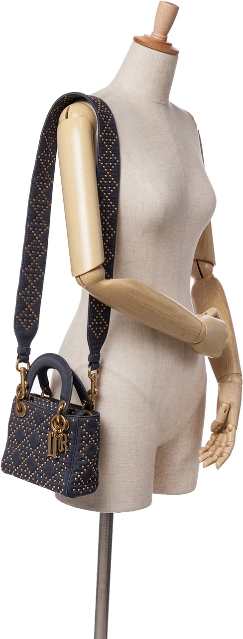 Dior Mini Denim Cannage Studded Supple Lady Dior Blauw