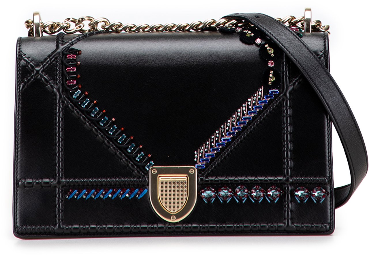 Dior Medium Calfskin Crystal Embroidered Diorama Flap Zwart