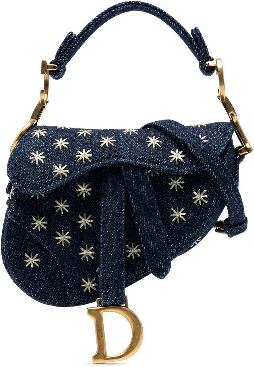 Dior Micro Denim Embroidered Saddle Bag Blauw
