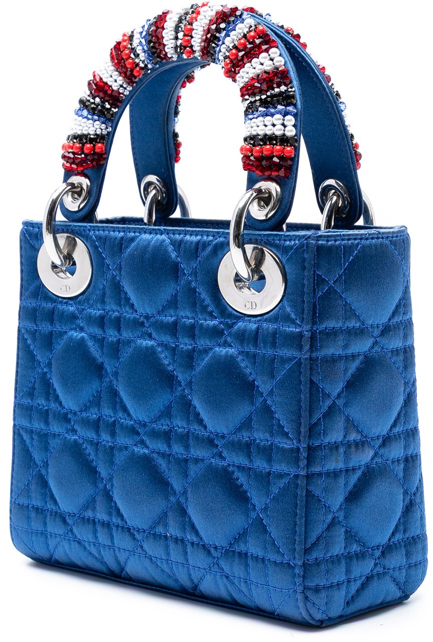 Dior Mini Satin Cannage Beaded Handle Lady Dior Blauw