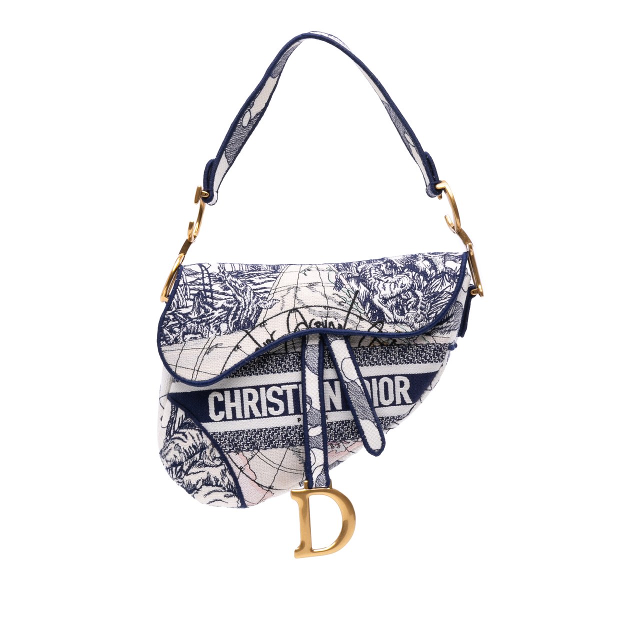 Dior Canvas Embroidered Around the World Saddle Bag Blauw