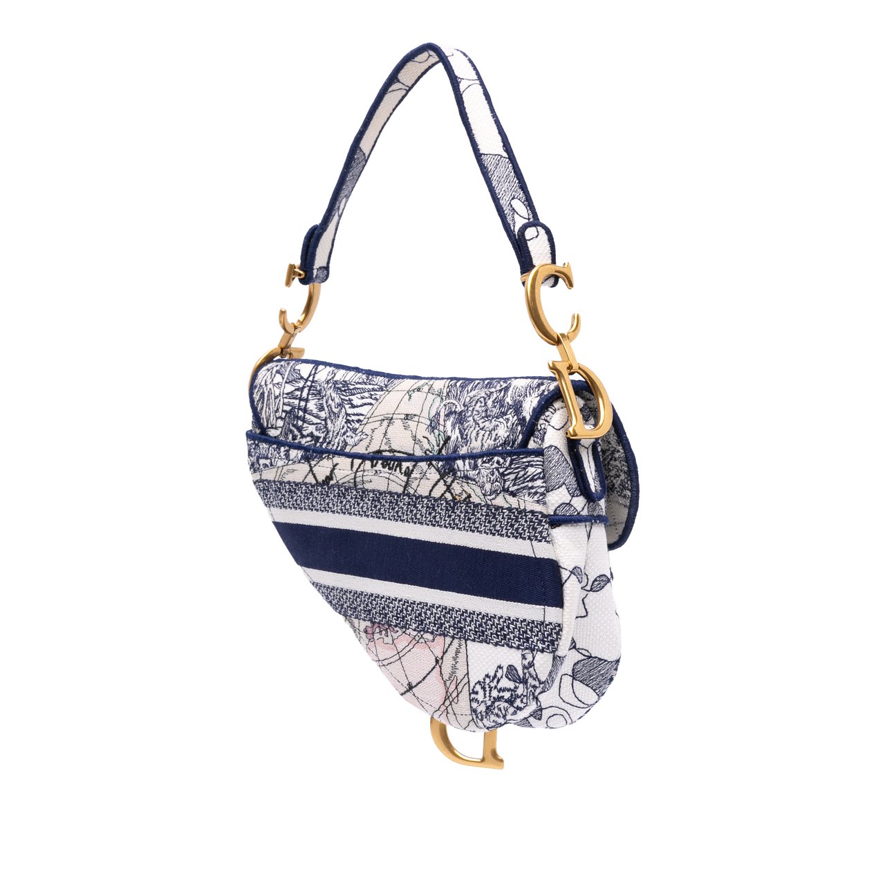 Dior Canvas Embroidered Around the World Saddle Bag Blauw