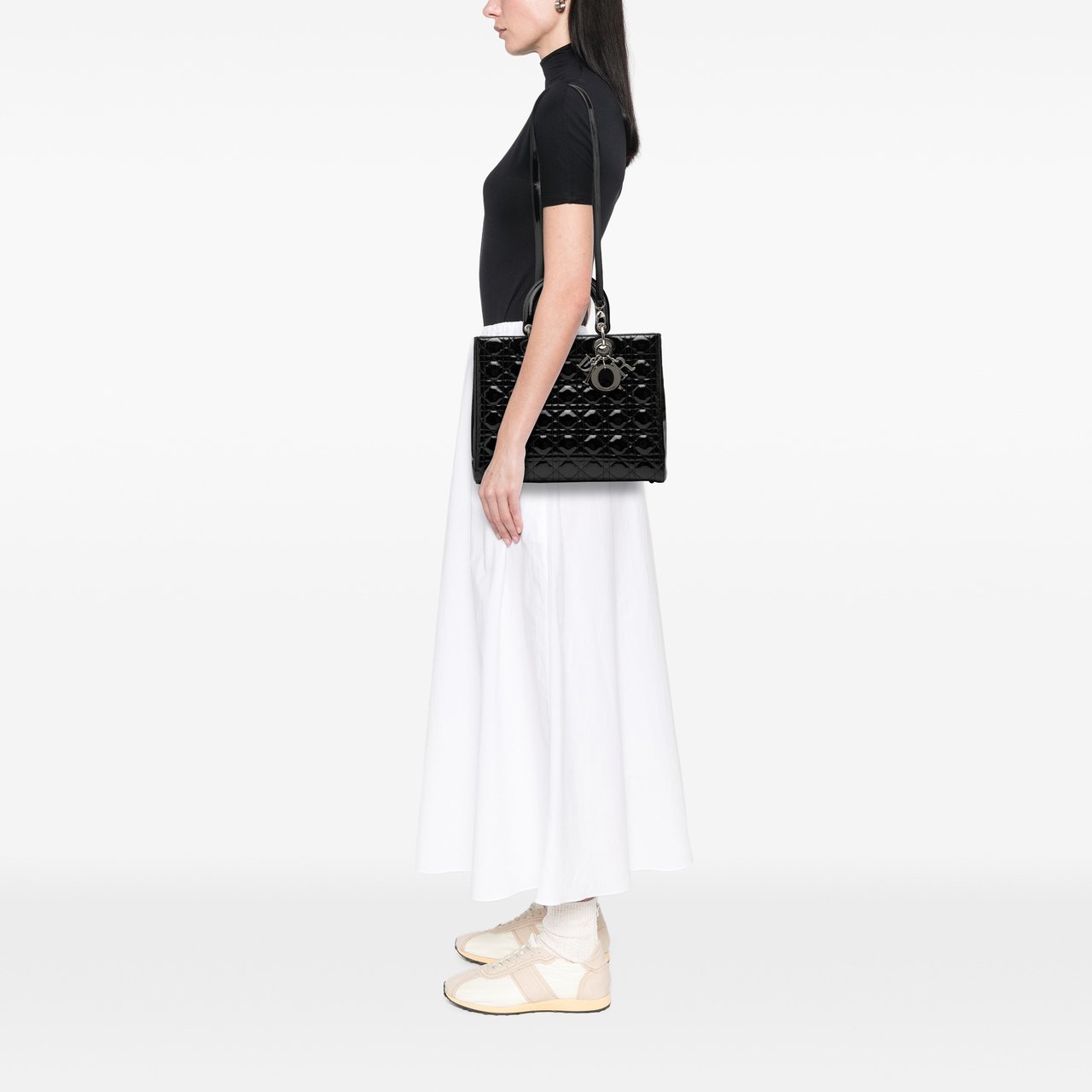 Dior Large Patent Cannage Lady Dior Zwart