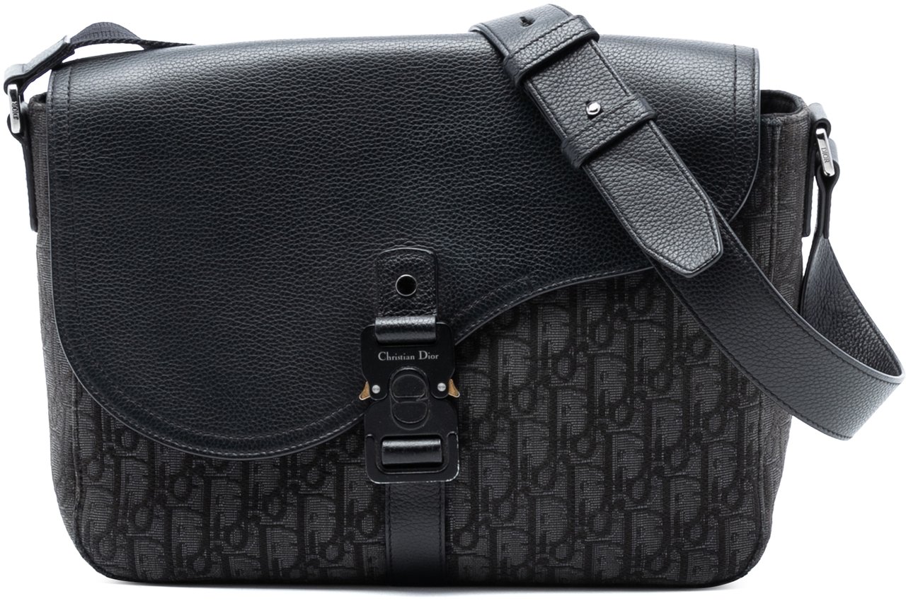 Dior Medium Oblique Canvas and Grained Calfskin Saddle Messenger Bag with Flap Zwart