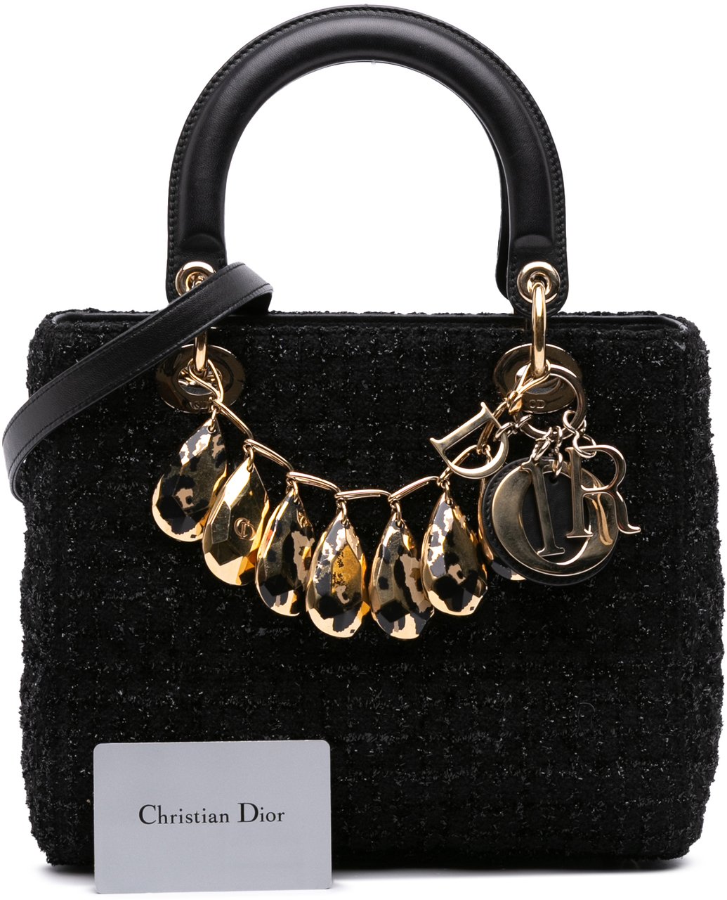 Dior Medium Tweed Cannage Glitter Leopard Charm Lady Dior Zwart