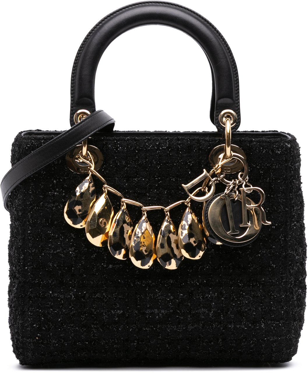 Dior Medium Tweed Cannage Glitter Leopard Charm Lady Dior Zwart