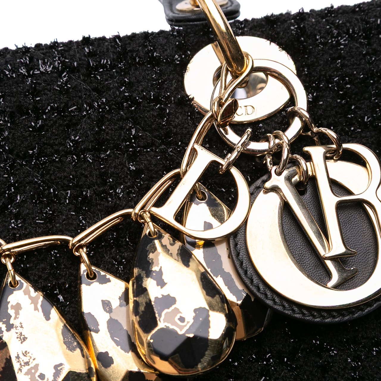 Dior Medium Tweed Cannage Glitter Leopard Charm Lady Dior Zwart