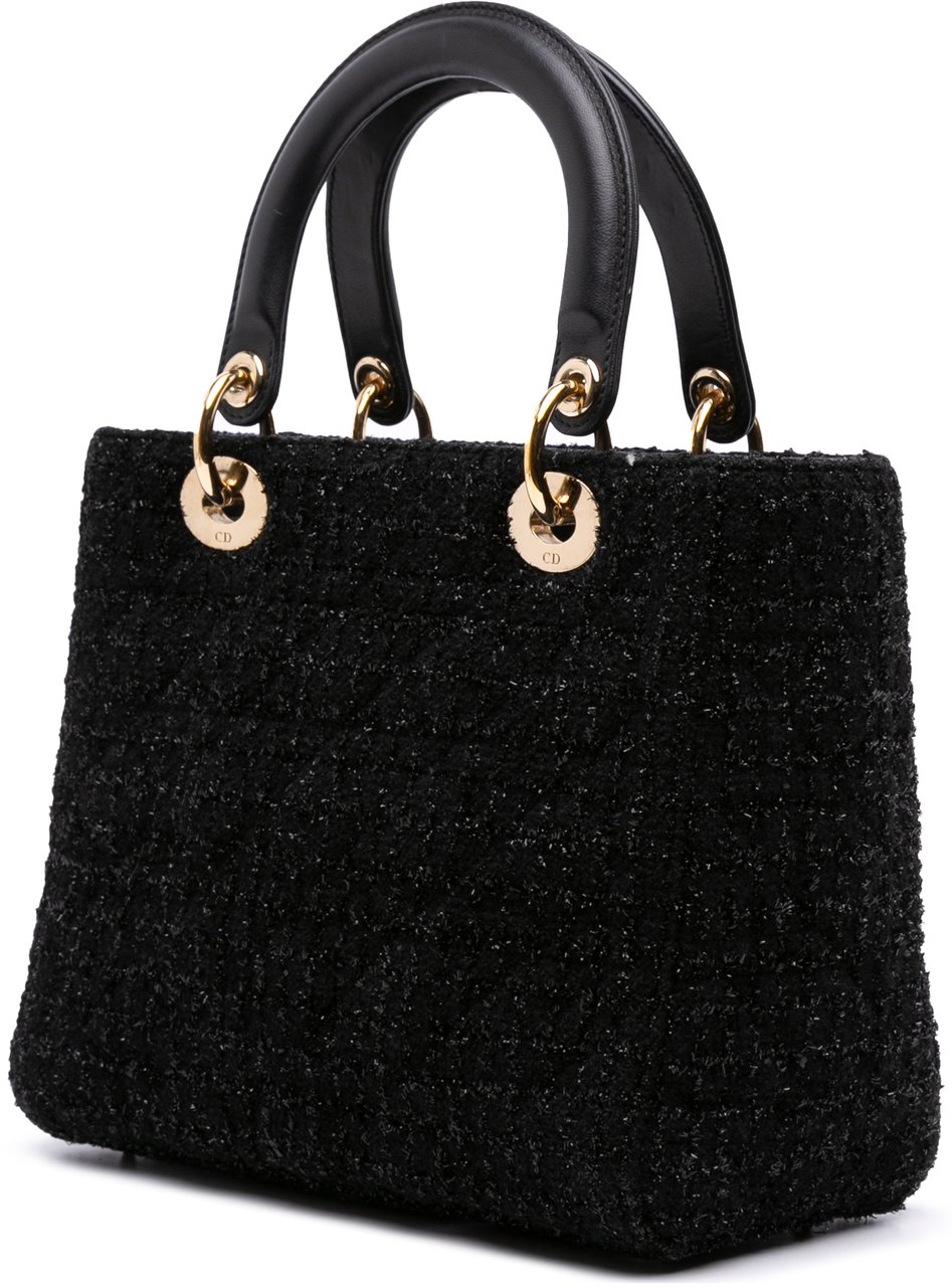 Dior Medium Tweed Cannage Glitter Leopard Charm Lady Dior Zwart