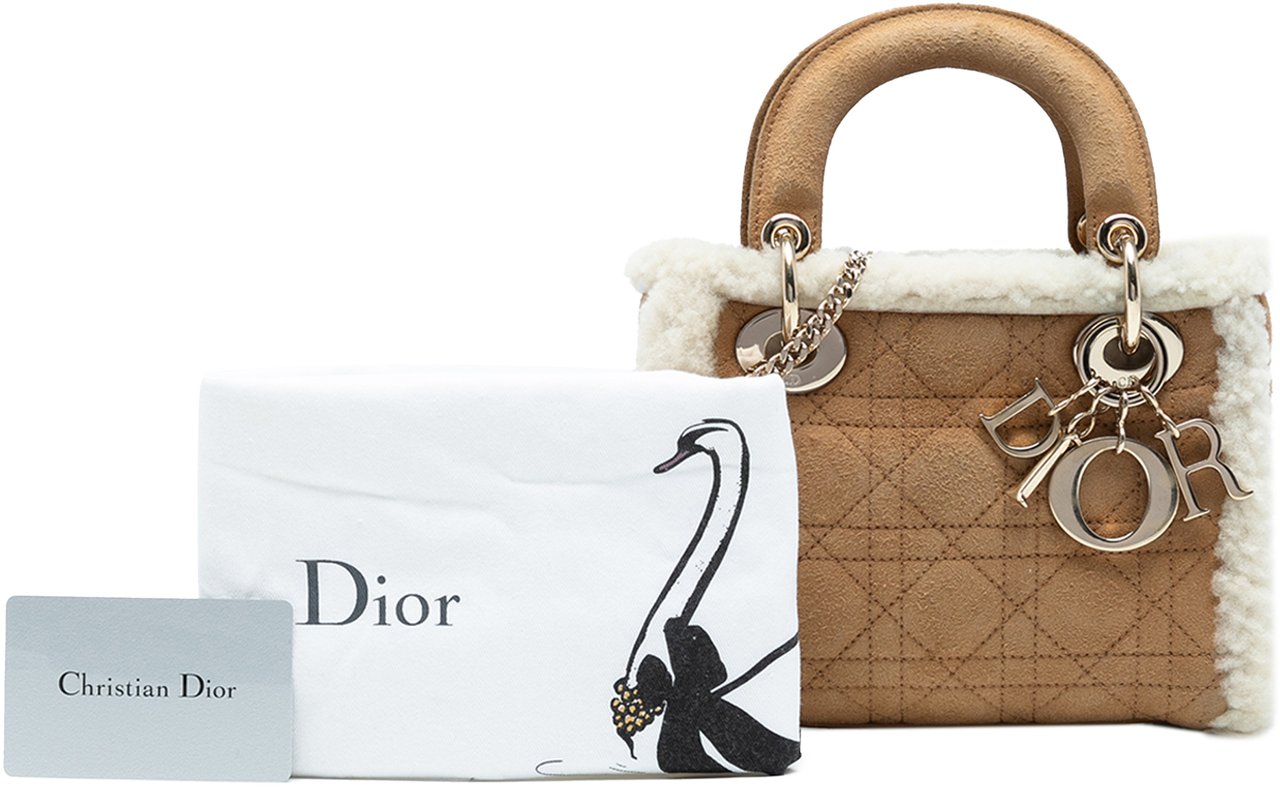 Dior Mini Suede Cannage with Shearling Trim Lady Dior Bruin