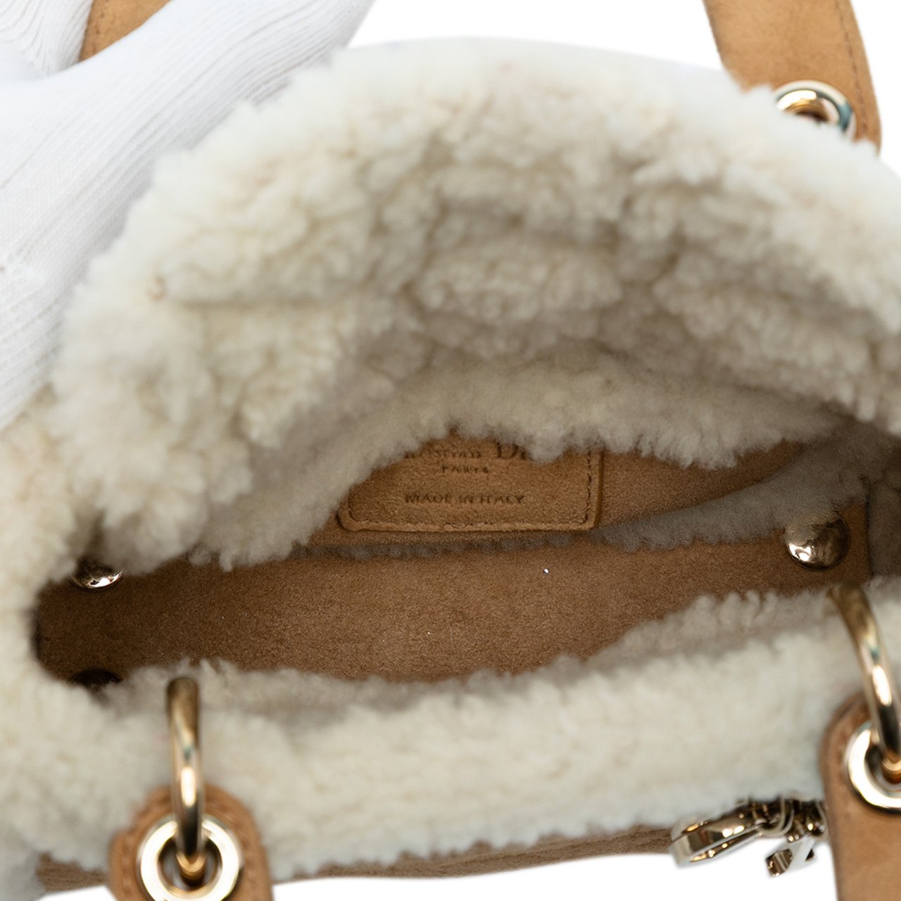 Dior Mini Suede Cannage with Shearling Trim Lady Dior Bruin
