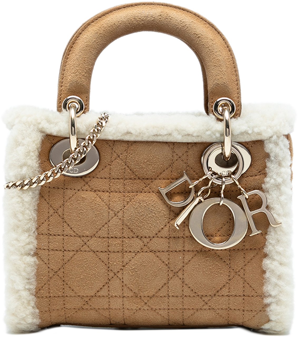 Dior Mini Suede Cannage with Shearling Trim Lady Dior Bruin
