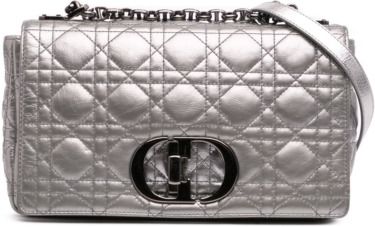 Dior Medium Metallic Calfskin Cannage Supple Caro Bag Zilver