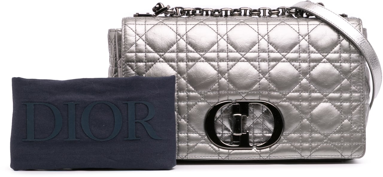 Dior Medium Metallic Calfskin Cannage Supple Caro Bag Zilver