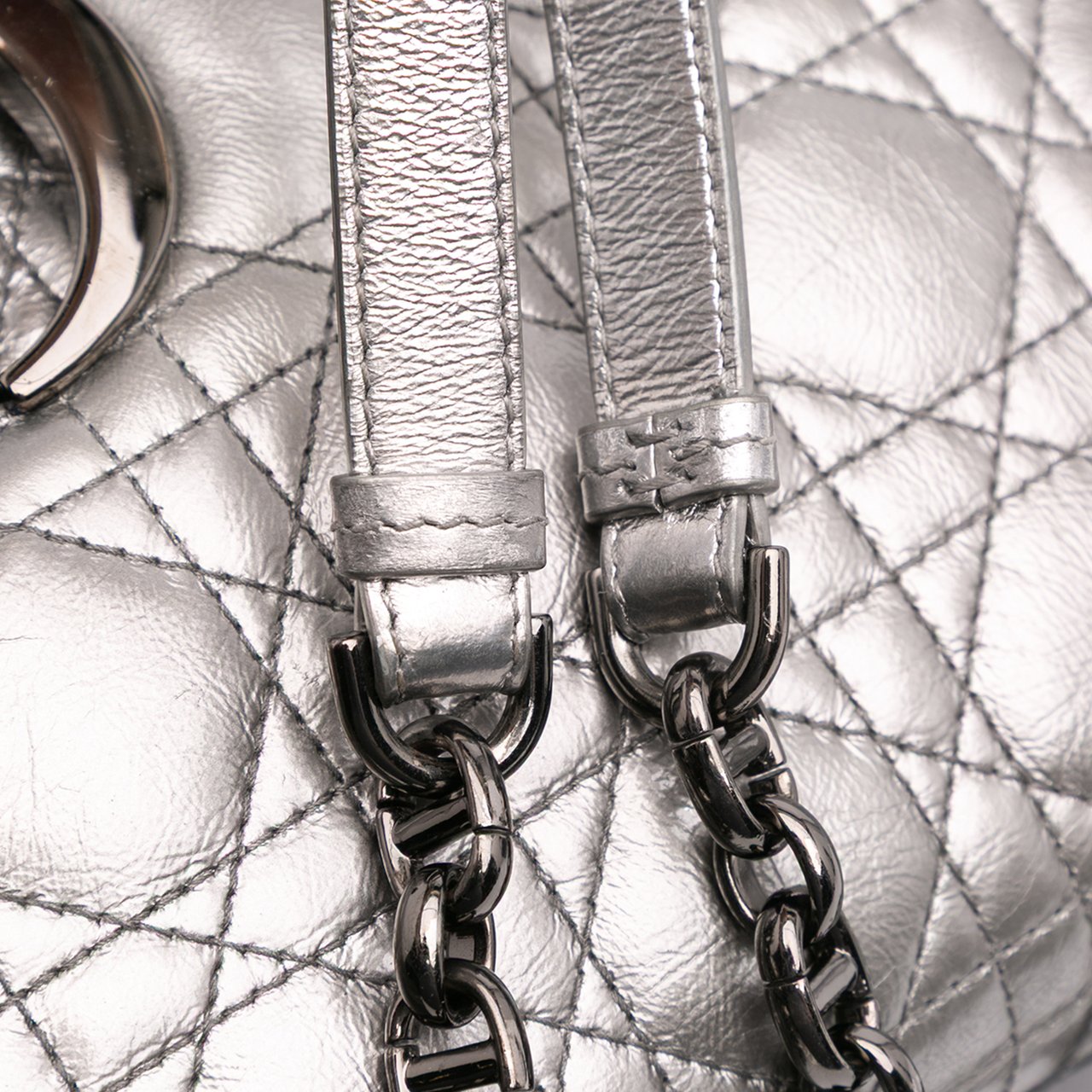 Dior Medium Metallic Calfskin Cannage Supple Caro Bag Zilver