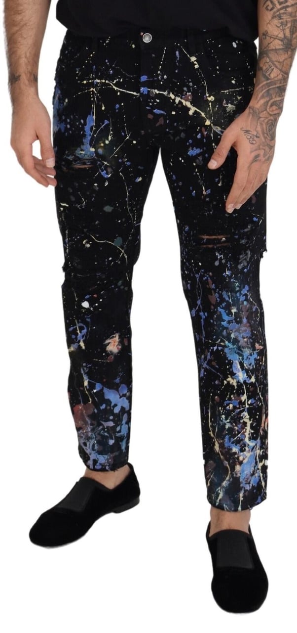 Dolce & Gabbana Black Cotton Color Splash Print Denim Jeans Zwart