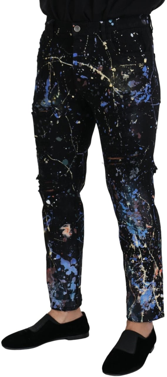 Dolce & Gabbana Black Cotton Color Splash Print Denim Jeans Zwart