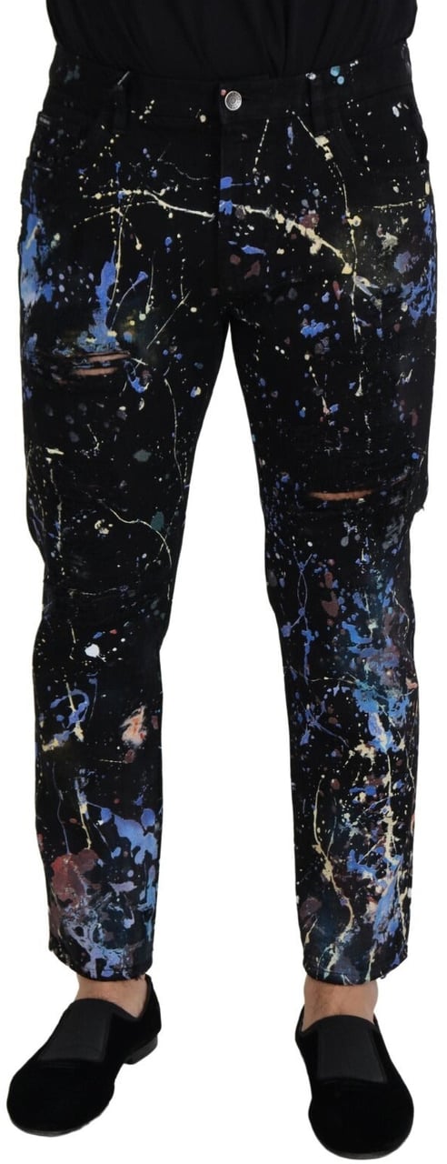 Dolce & Gabbana Black Cotton Color Splash Print Denim Jeans Zwart