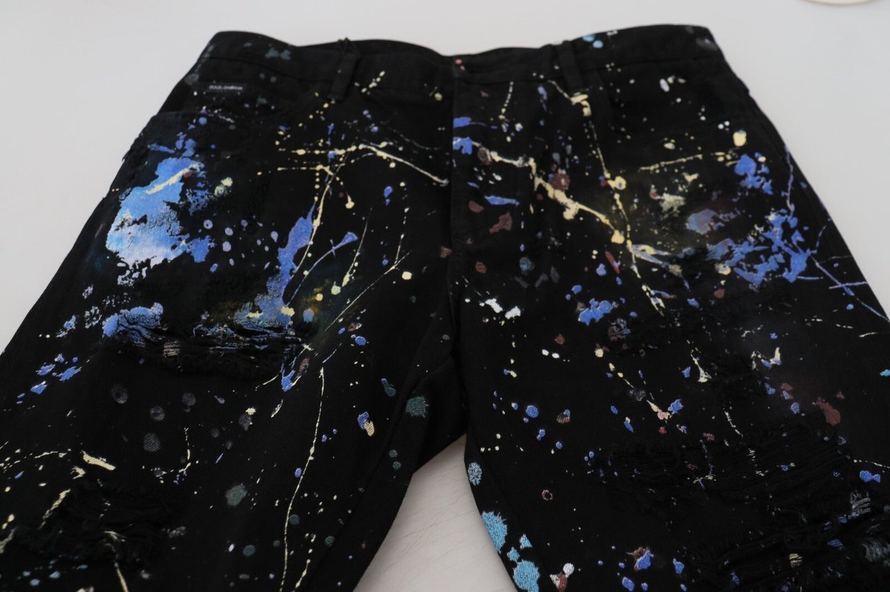 Dolce & Gabbana Black Cotton Color Splash Print Denim Jeans Zwart