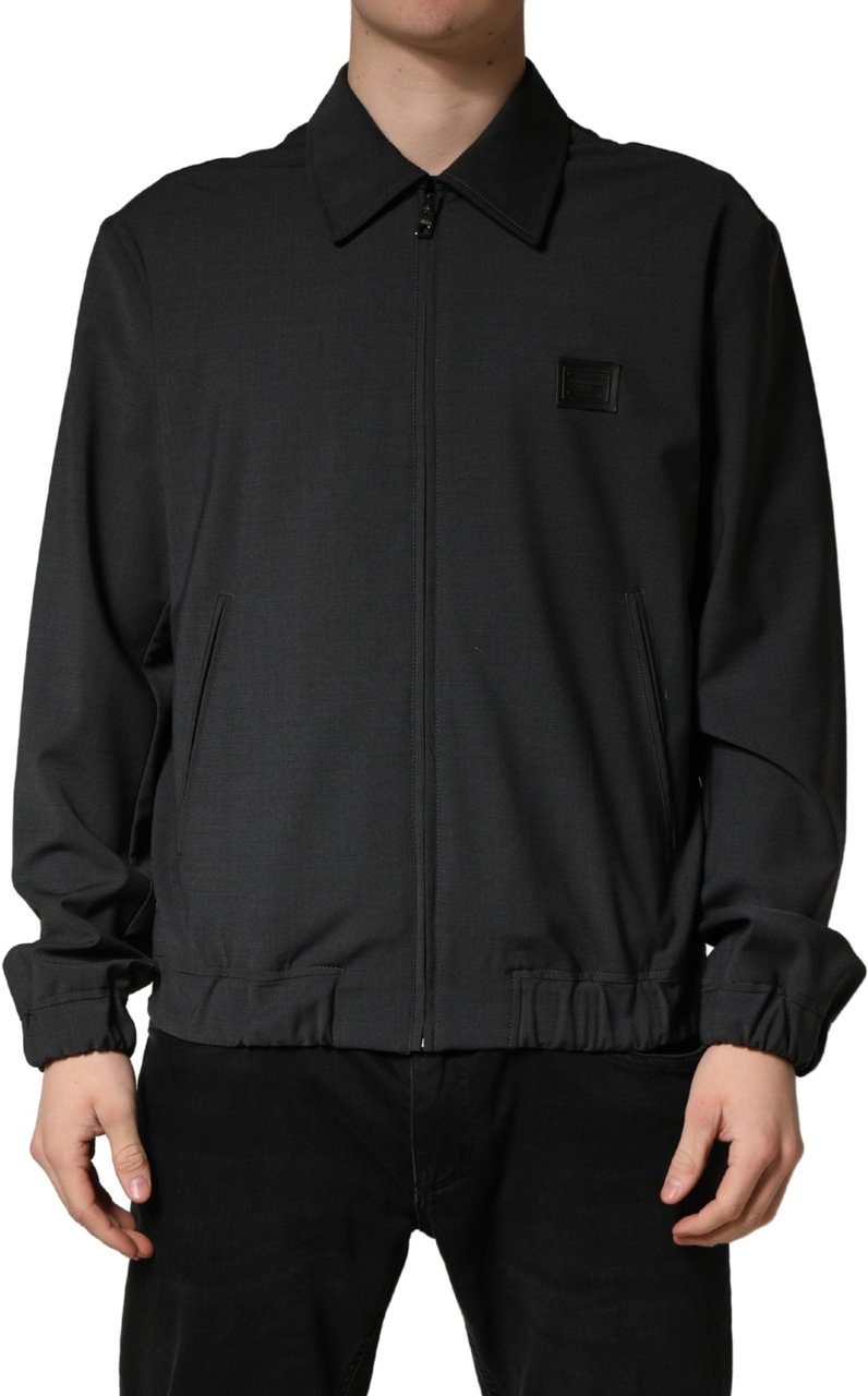Dolce & Gabbana Black Wool Logo Full Zip Men Bomber Jacket Zwart