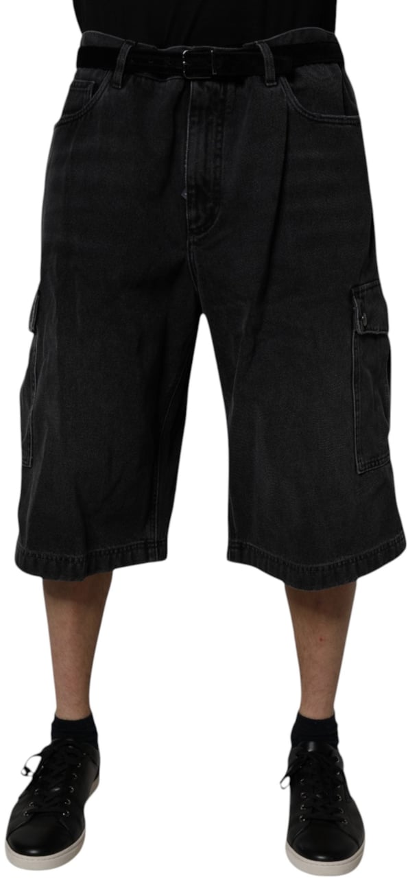 Dolce & Gabbana Black Mid Waist Denim Cargo Bermuda Shorts Zwart