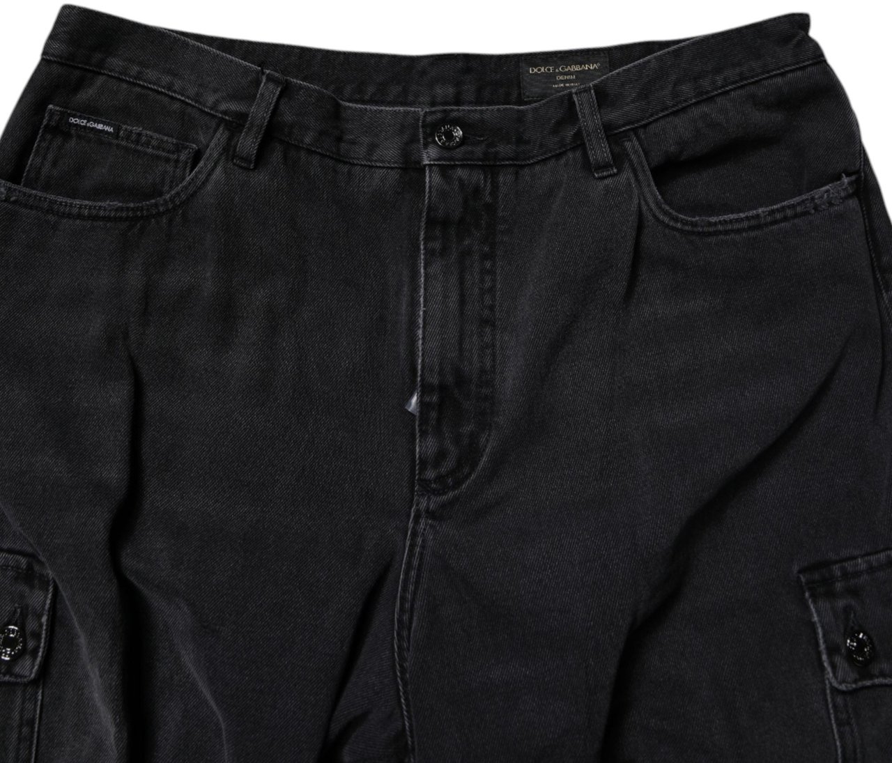 Dolce & Gabbana Black Mid Waist Denim Cargo Bermuda Shorts Zwart