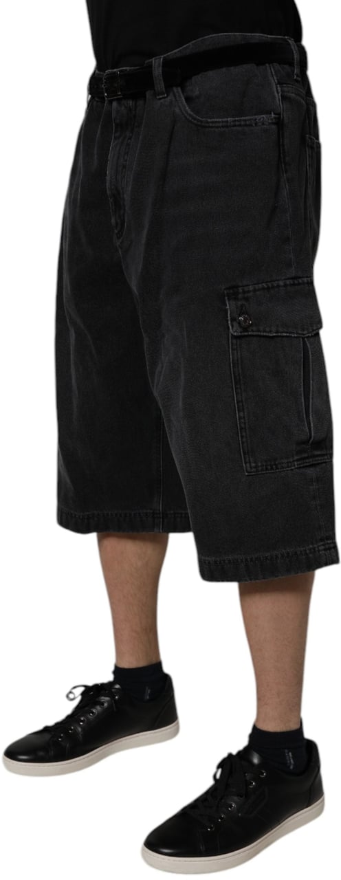 Dolce & Gabbana Black Mid Waist Denim Cargo Bermuda Shorts Zwart