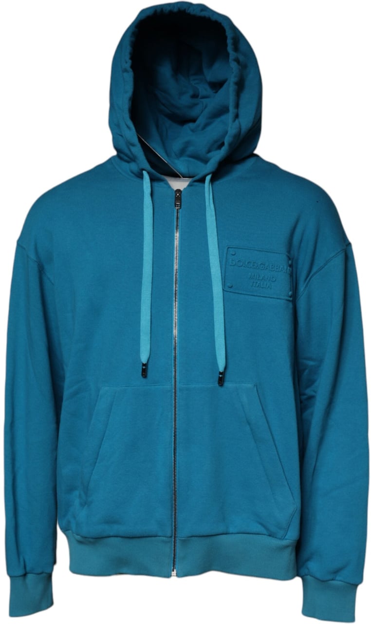Dolce & Gabbana Blue Logo Cotton Hooded Sweatshirt Sweater Blauw