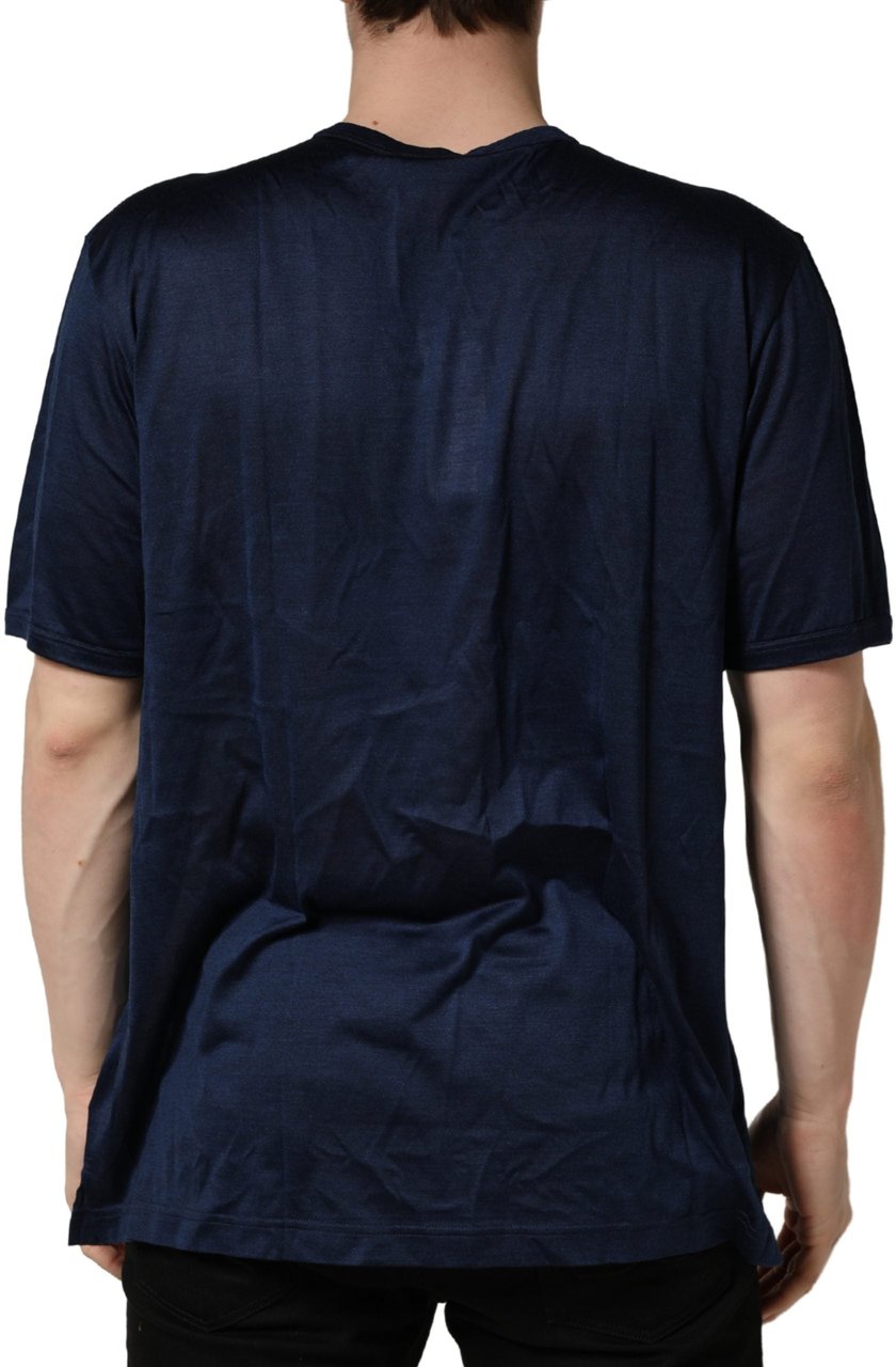 Dolce & Gabbana Dark Blue Silk Short Sleeve CrewNeck T-shirt Blauw