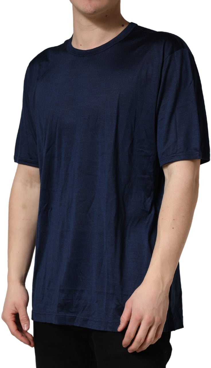 Dolce & Gabbana Dark Blue Silk Short Sleeve CrewNeck T-shirt Blauw
