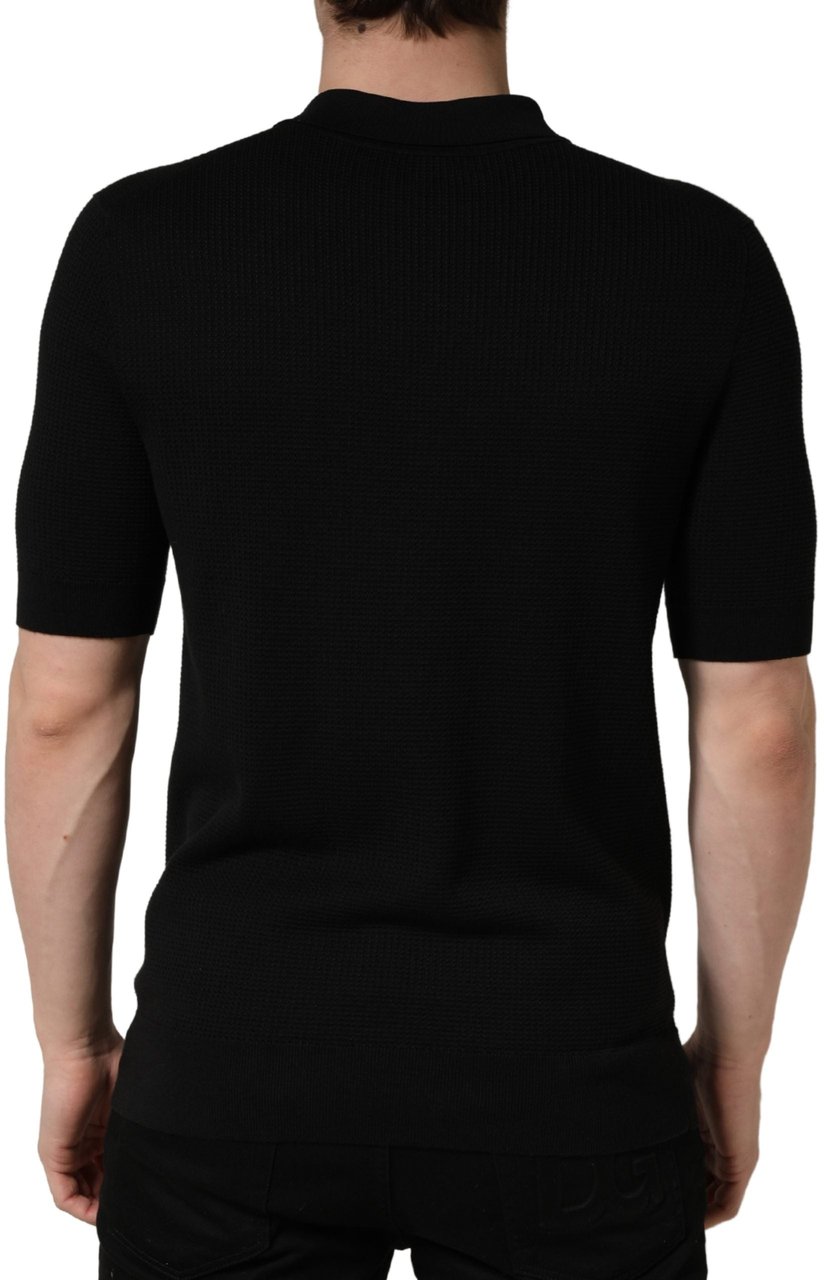 Dolce & Gabbana Black Heraldic Crest Patch Silk Polo T-shirt Zwart
