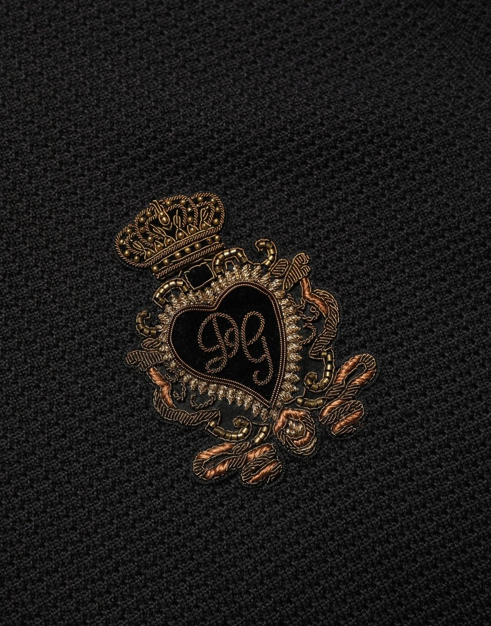Dolce & Gabbana Black Heraldic Crest Patch Silk Polo T-shirt Zwart