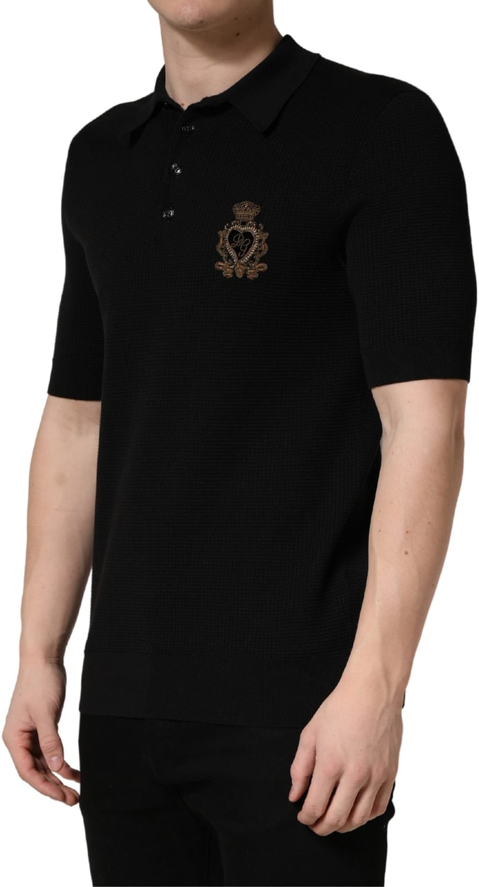 Dolce & Gabbana Black Heraldic Crest Patch Silk Polo T-shirt Zwart