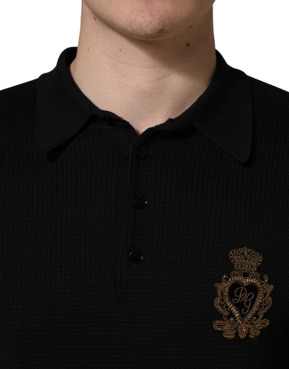 Dolce & Gabbana Black Heraldic Crest Patch Silk Polo T-shirt Zwart