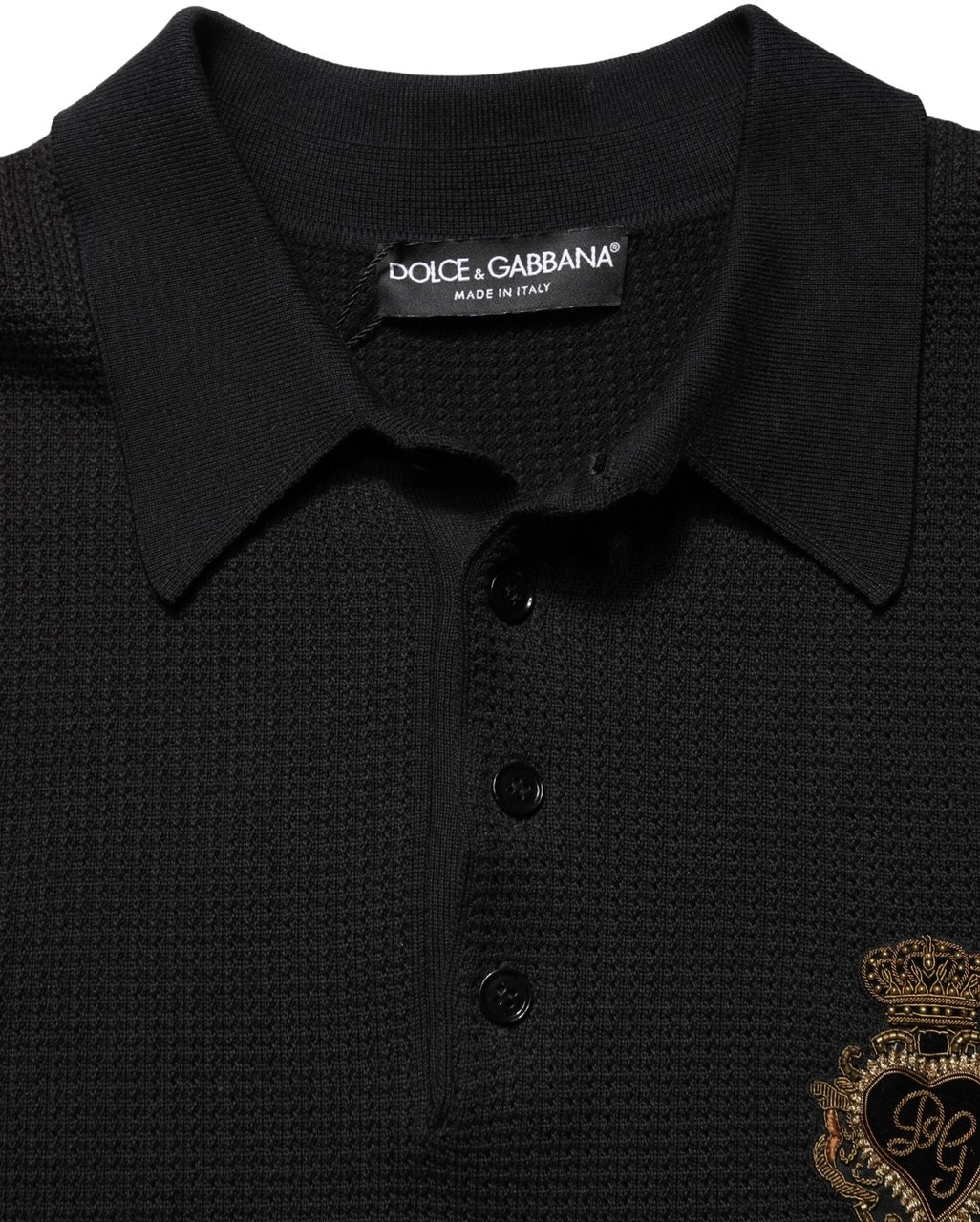 Dolce & Gabbana Black Heraldic Crest Patch Silk Polo T-shirt Zwart