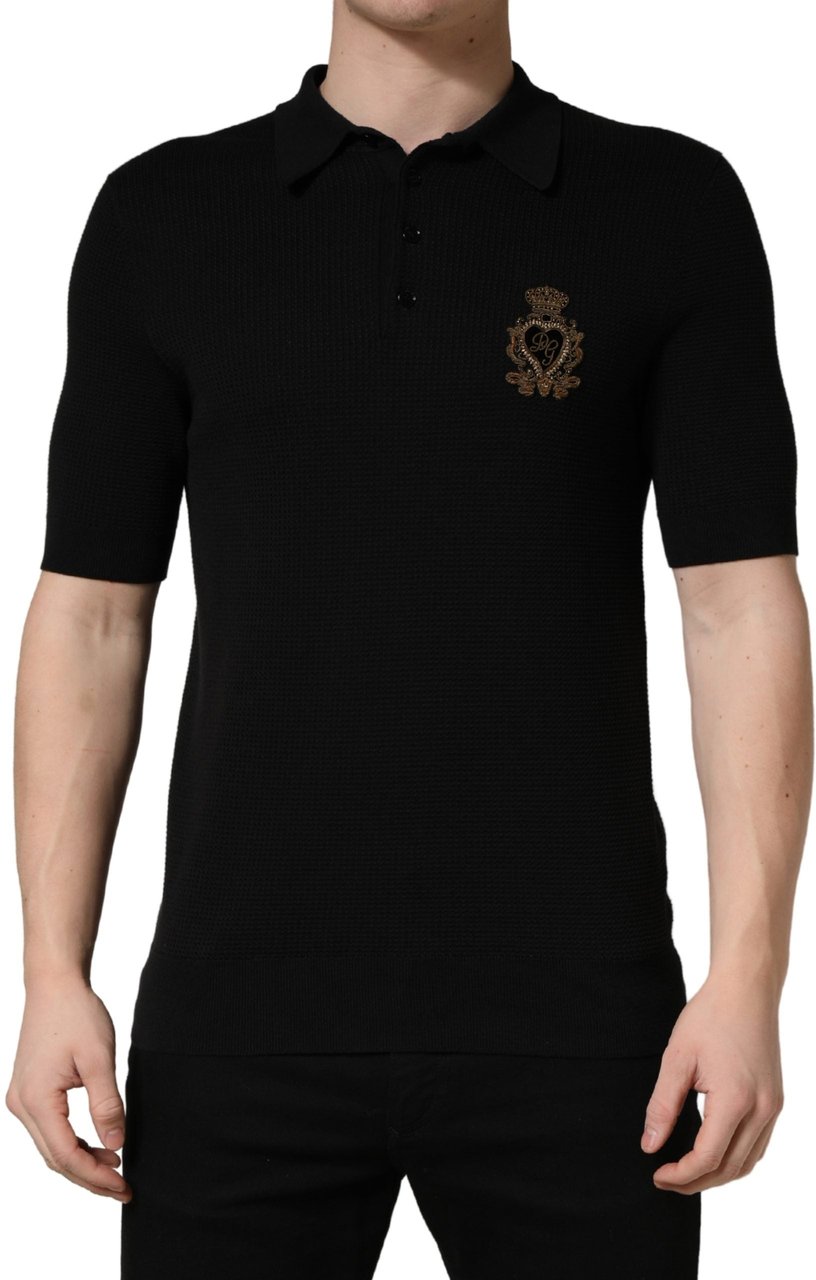 Dolce & Gabbana Black Heraldic Crest Patch Silk Polo T-shirt Zwart