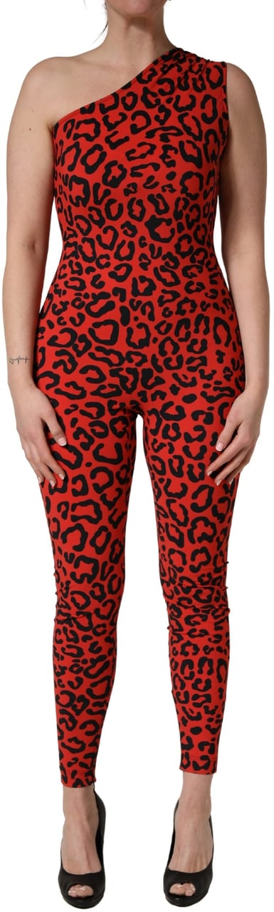 Dolce & Gabbana Black Red Nylon Leopard Pattern Jumpsuit Divers