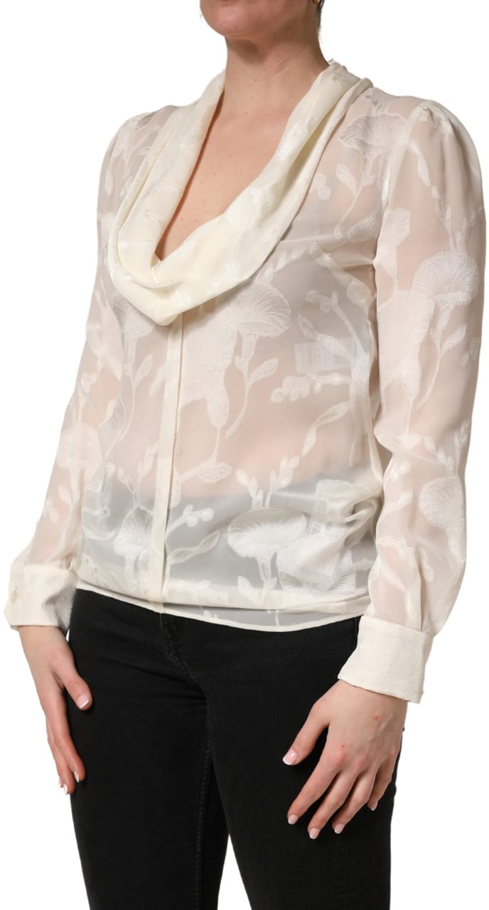 Dolce & Gabbana Off White Floral Semi Sheer Silk Blouse Top Wit