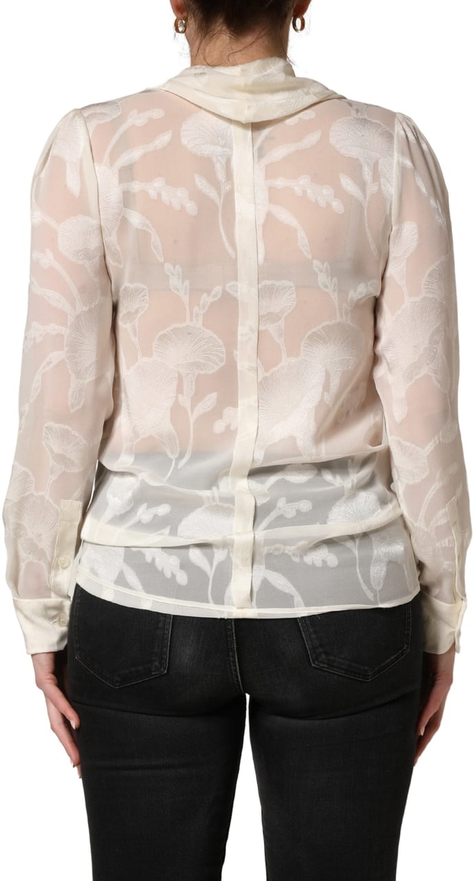 Dolce & Gabbana Off White Floral Semi Sheer Silk Blouse Top Wit
