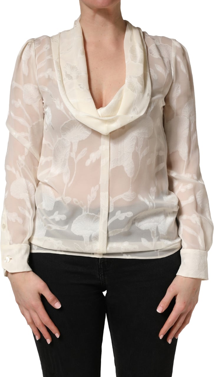 Dolce & Gabbana Off White Floral Semi Sheer Silk Blouse Top Wit
