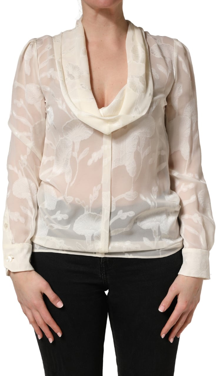 Dolce & Gabbana Off White Floral Semi Sheer Silk Blouse Top Wit