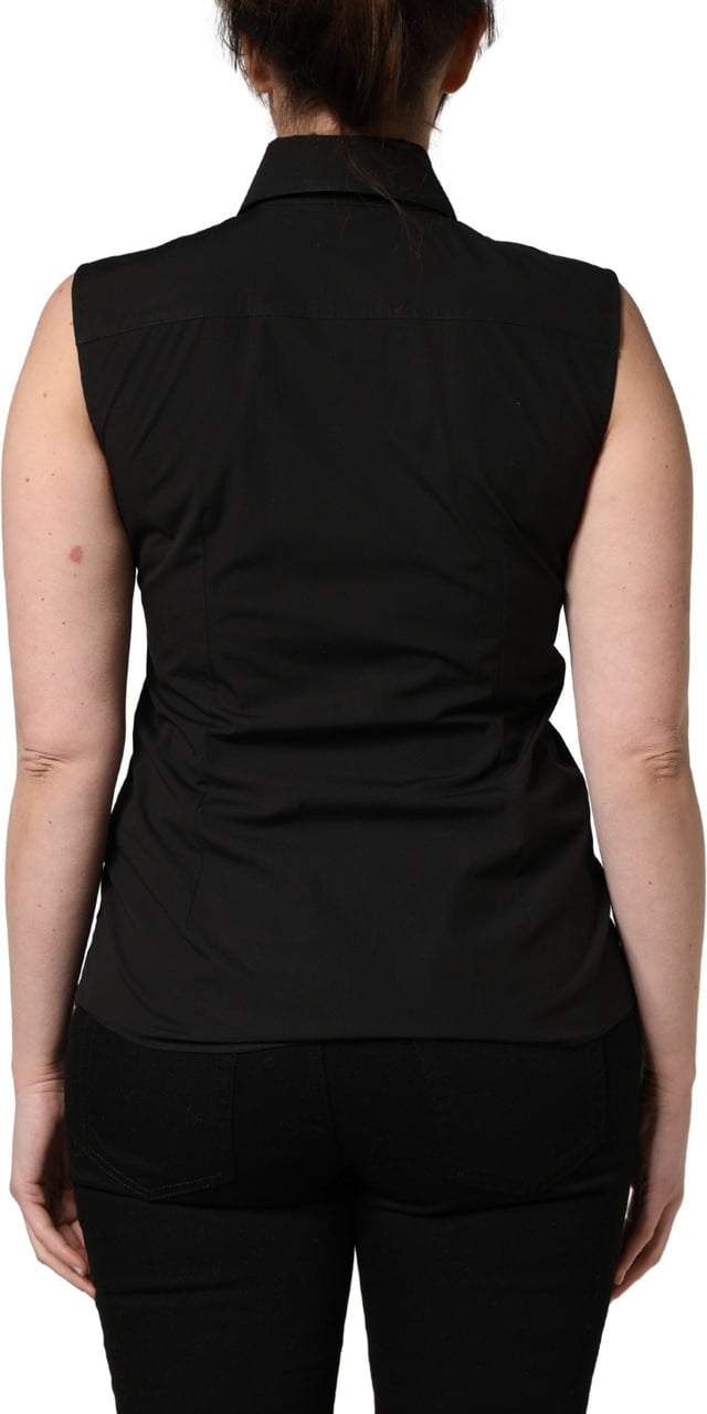 Dolce & Gabbana Black Cotton Sleeveless Collared Blouse Top Zwart