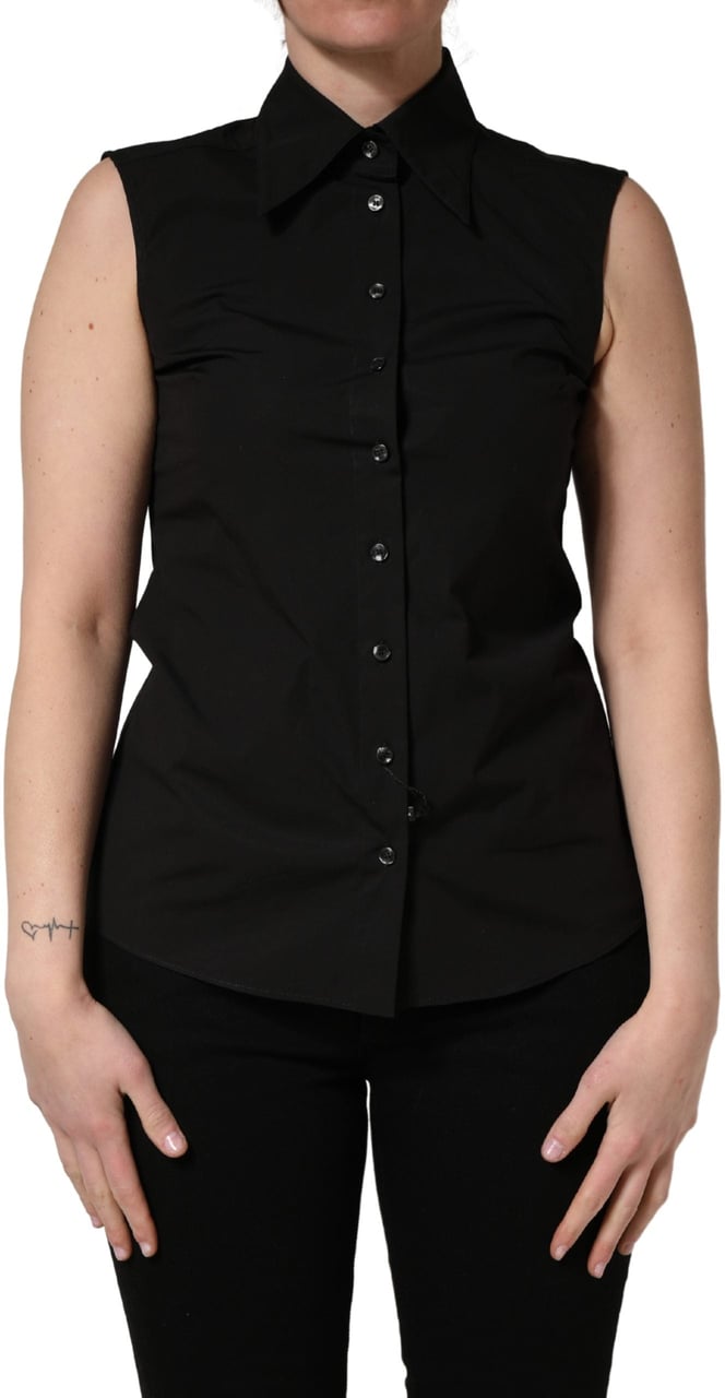 Dolce & Gabbana Black Cotton Sleeveless Collared Blouse Top Zwart